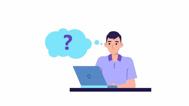 Young man character with laptop animation. male thinking and looking for answer, question mark, confused, puzzled. office worker, manager, clerk character. Question in speech bubble, doubt