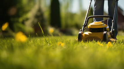 Close-up of a working lawn mower cutting a green lawn. Lawn and garden care, gardener. Mowing garden lawn. - obrazy, fototapety, plakaty