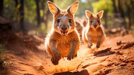 two kangaroo with red eyes at the sunset