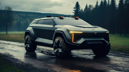 Modern cybertruck car driving on road, futuristic