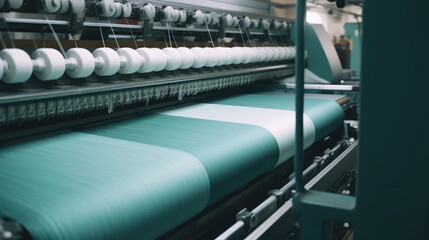 Fabric production, weaving factory, sewing automation, green fabric and garment production in factory. Technological process of weaving industry.