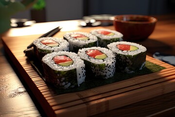 Set of sushi roll on a bamboo mat, highlighting the artistry of sushi presentation