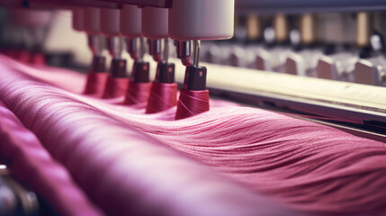 Fabric production, weaving factory, sewing automation, pink fabric and garment production in factory. Technological process of weaving industry. 