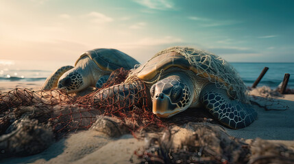 Horizontal AI photo of turtles on the beach caught by a net. Social problems concept - obrazy, fototapety, plakaty