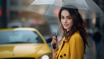 Brunette woman with umbrella on the street near a yellow taxi ,spring concept