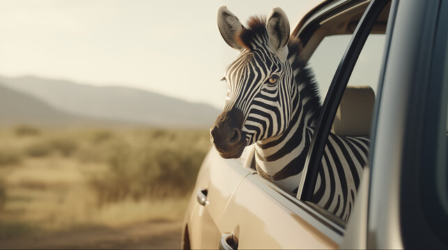 That's a funny image. A zebra looks out of the window of a passenger car. Car safari.