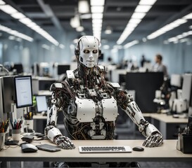 Robot in the modern office. Artificial intelligence and machine learning concept.
