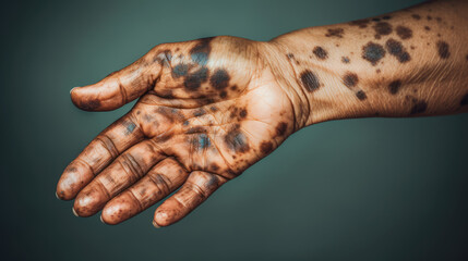 Vitiligo , close-up of age pigment spots on the hand skin of an old human, cosmetic procedure for the removal of vitiligo by laser. Melanoma, a malignant mole on the skin.  - obrazy, fototapety, plakaty