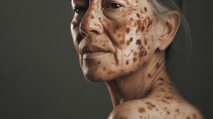 Vitiligo , close-up of age pigment spots on the face skin of an old human, cosmetic procedure for the removal of vitiligo by laser. Melanoma, a malignant mole on the skin.  - obrazy, fototapety, plakaty