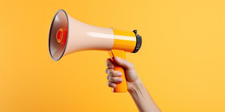 powerful of hand gripping a megaphone, conveying messages with authority, amplified communication, and impactful announcements.