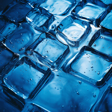Fondo con detalle de varios cubitos de hielo con reflejos de luz de color azul