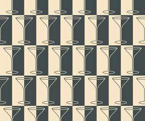 Cocktail glass, dry Martini checkerboard abstract seamless pattern. Stylish monochrome geometrical grid. Black and white vintage colours palette. Graphic ornamental background. Vector