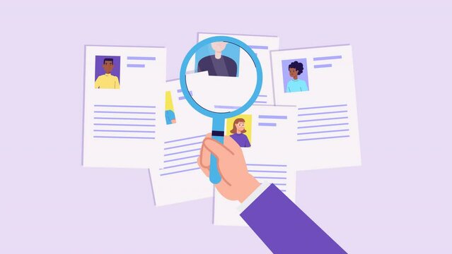 Animation of curriculum vitae papers with photo, magnifying glass. Hiring concept, new employees, recruitment. Choose best job candidates, resume. Human resource management. Cartoon style video