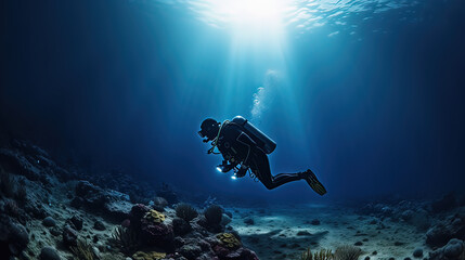 Horizontal AI photo of a diver in the ocean checking his status. Social problems concept