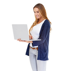 Typing, smile and woman with a laptop, email and connection isolated on a transparent background. Happy, person or model with a pc, technology or internet with website information, digital app or png