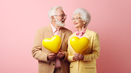 A married couple of pensioners who are happy in love. Grandparents holding heart shaped balloons. Pastel colors.