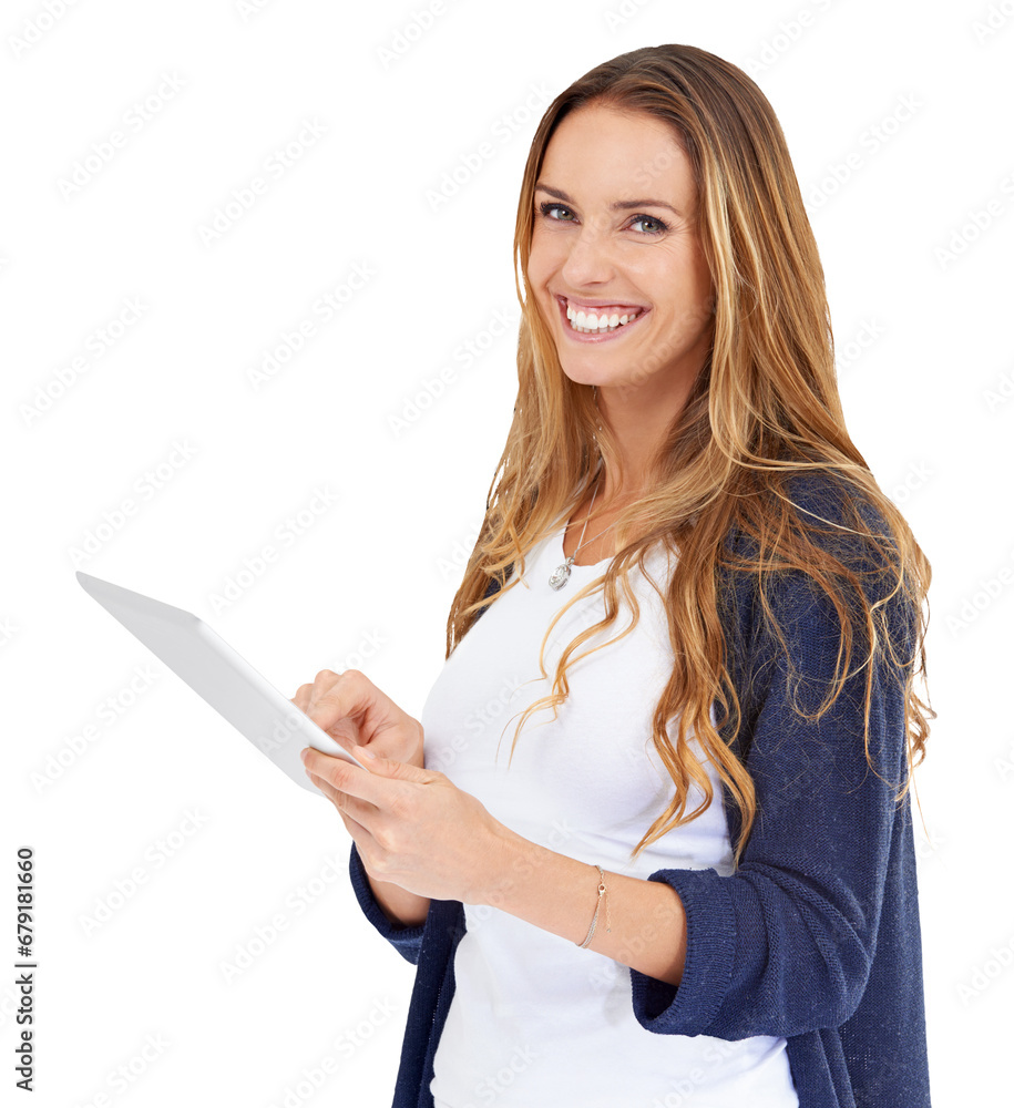 Poster Portrait, smile and woman with a tablet, typing and connection isolated on a transparent background. Face, person and model with technology, social media and smile with internet, website info and png