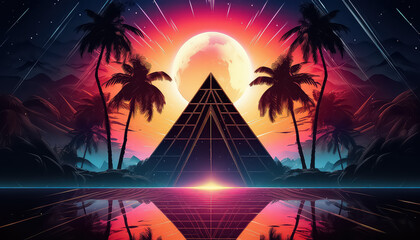 Egyptian pyramids with sun and palm trees in neon color ,spring concept