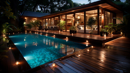 modern swimming villa in the evening at the evening