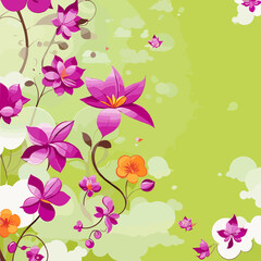 A vibrant green background adorned with colorful flowers and graceful butterflies.