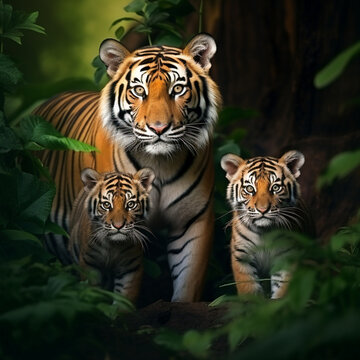 Fotografia de primer plano con detalle de tigresa con pareja de cachorros, entre vegetación