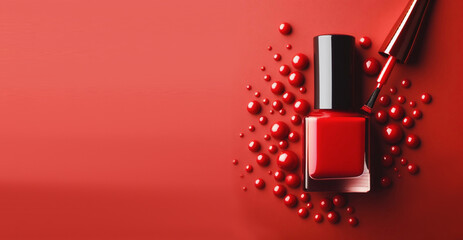 A splash of red nail Polish with splashes on red background. Generative AI.