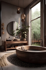 African style interior of bathroom with oval wooden bath and wooden decor in modern house.