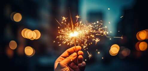 Hand holding a sparkler in the blurred background - Powered by Adobe