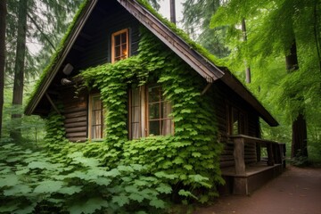 Fototapeta na wymiar small, ivy-enshrouded wooden cottage in the forest