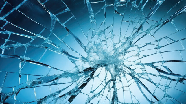 Texture of cracked glass close-up as a background. Broken car windshield. Glass cracks isolated on blue background