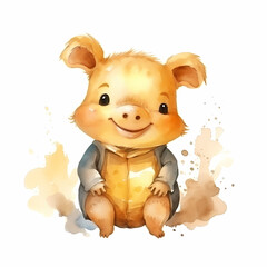 Golden pig character, funny watercolor illustration.
