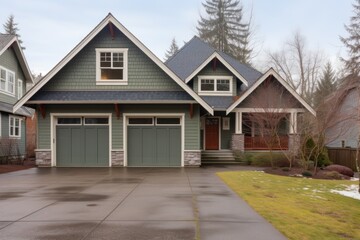 craftsman house and detached garage, both featuring central gables - obrazy, fototapety, plakaty