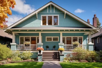 craftsman house, central gable designed with colored glass windows - obrazy, fototapety, plakaty