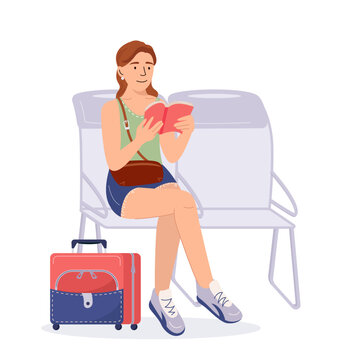 Young girl waiting for flight on plane. Pretty woman is sitting in the airport waiting room and read a book. Flat vector illustration isolated on white background