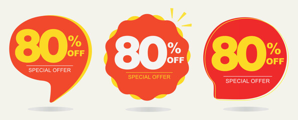 80% off. Tag special offer, sticker. Poster ten percent off price, value. Red and yellow balloon. Advertising for sales, promo, discount, shop. Symbol, icon, vector