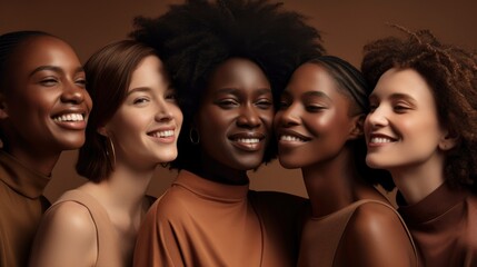 Group of beautiful women of different races come together to create a vibrant portrait. Concept of ethnic diversity. Generative ai