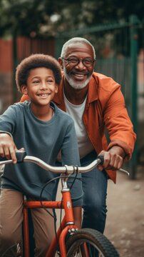 Grandfather Teaching Grandson How To Ride A Bike. Generative Ai