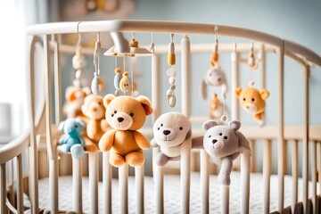 Close-up baby crib with musical animal mobile at nursery room. Hanged developing toy with plush fluffy animals - obrazy, fototapety, plakaty