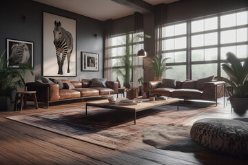 Modern African style interior. Cozy living room in luxury house.