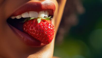 Juicy strawberries and snow-white teeth close-up , black history month - obrazy, fototapety, plakaty