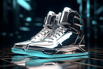 Pair of silver hightop sneakers with mirror polish