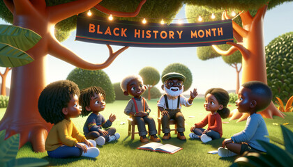 Black history month, children learning, teacher storytelling, school class outdoor, african american kids, education - obrazy, fototapety, plakaty
