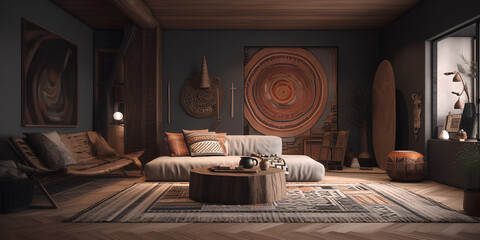Living room interior in African style in modern house.