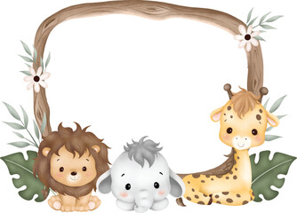 Watercolor Illustration wooden frame with cute baby safari animals sit on green grass and tropical leaves © Stella
