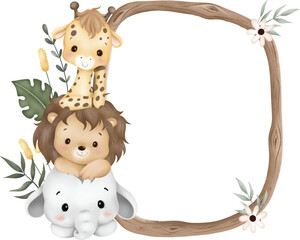 Watercolor Illustration wooden frame with cute baby safari animals sit on green grass and tropical leaves