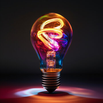 Fotografia en primer placo con detalle de antigua bombilla con luces de colores iridiscentes en su interior, sobre fondo de tonos oscuros