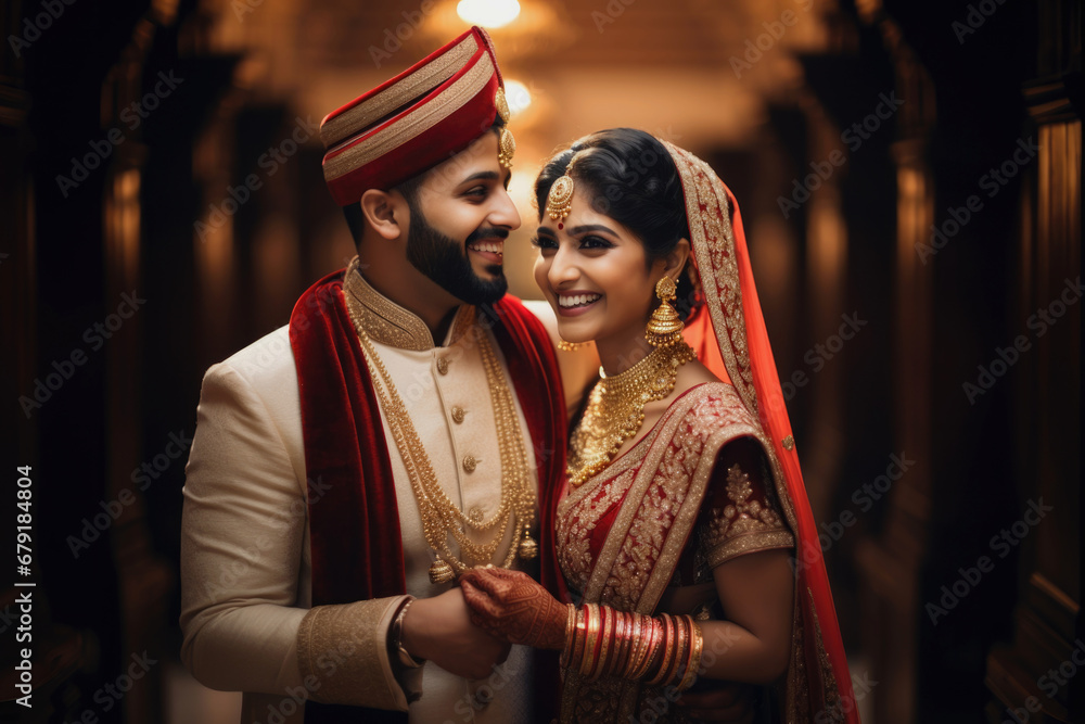 Wall mural portrait of a smiling indian ethnic bride and groom wearing traditional costumes and jewellery