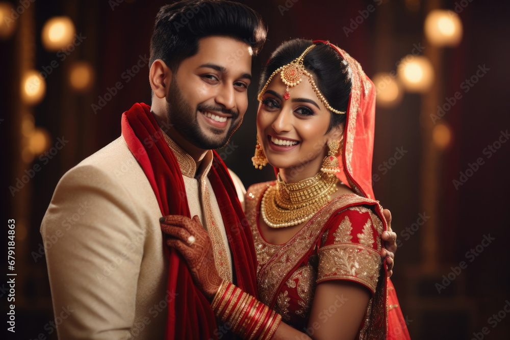 Wall mural portrait of a smiling indian ethnic bride and groom wearing traditional costumes and jewellery