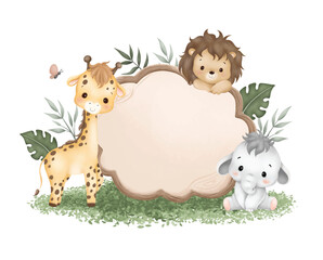 Watercolor Illustration wooden board with cute baby safari animals sit on green grass and tropical leaves © Stella