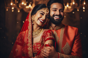 Portrait of a smiling Indian ethnic Bride and Groom wearing  traditional costumes and jewellery